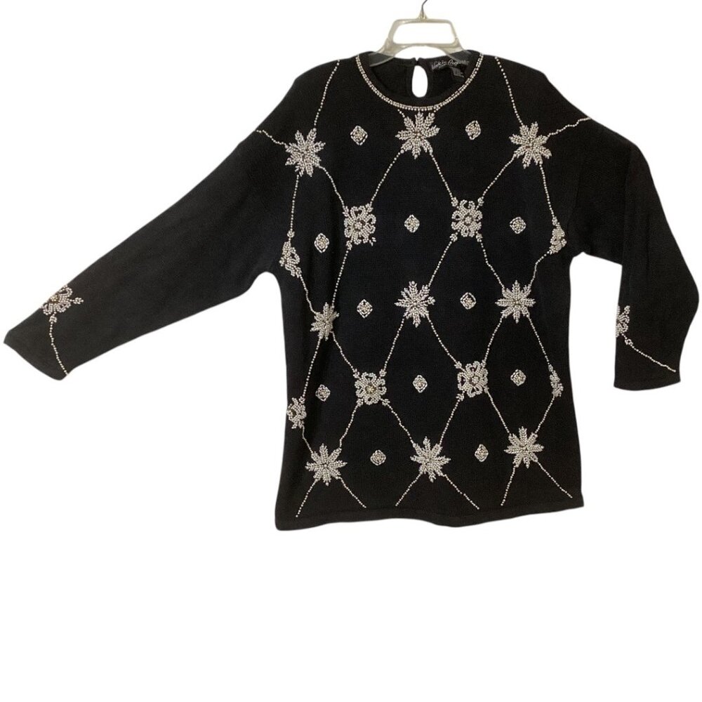 Vintage Work In Progress By Gladys Bagley Beaded Black Knit - Sweater Size 2X‎